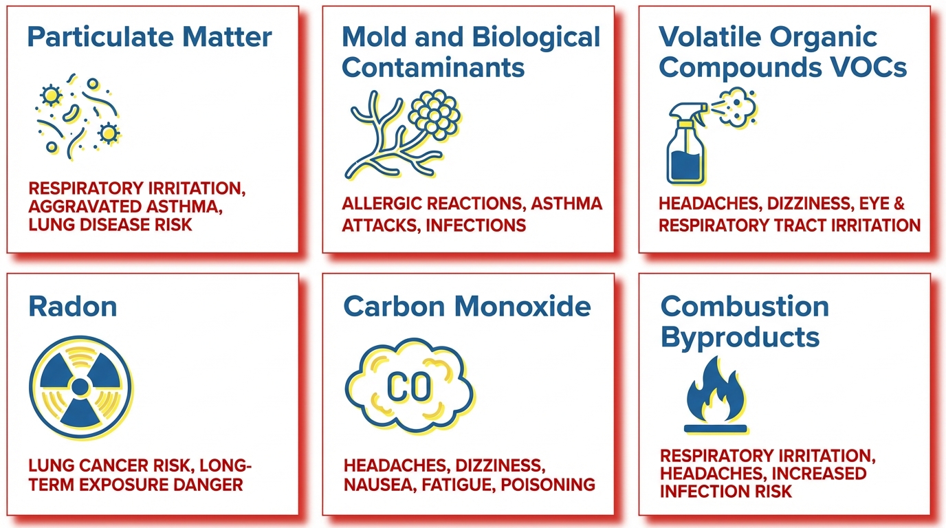 Comparison chart of indoor pollutant sources and the health effects they cause in Austin homes