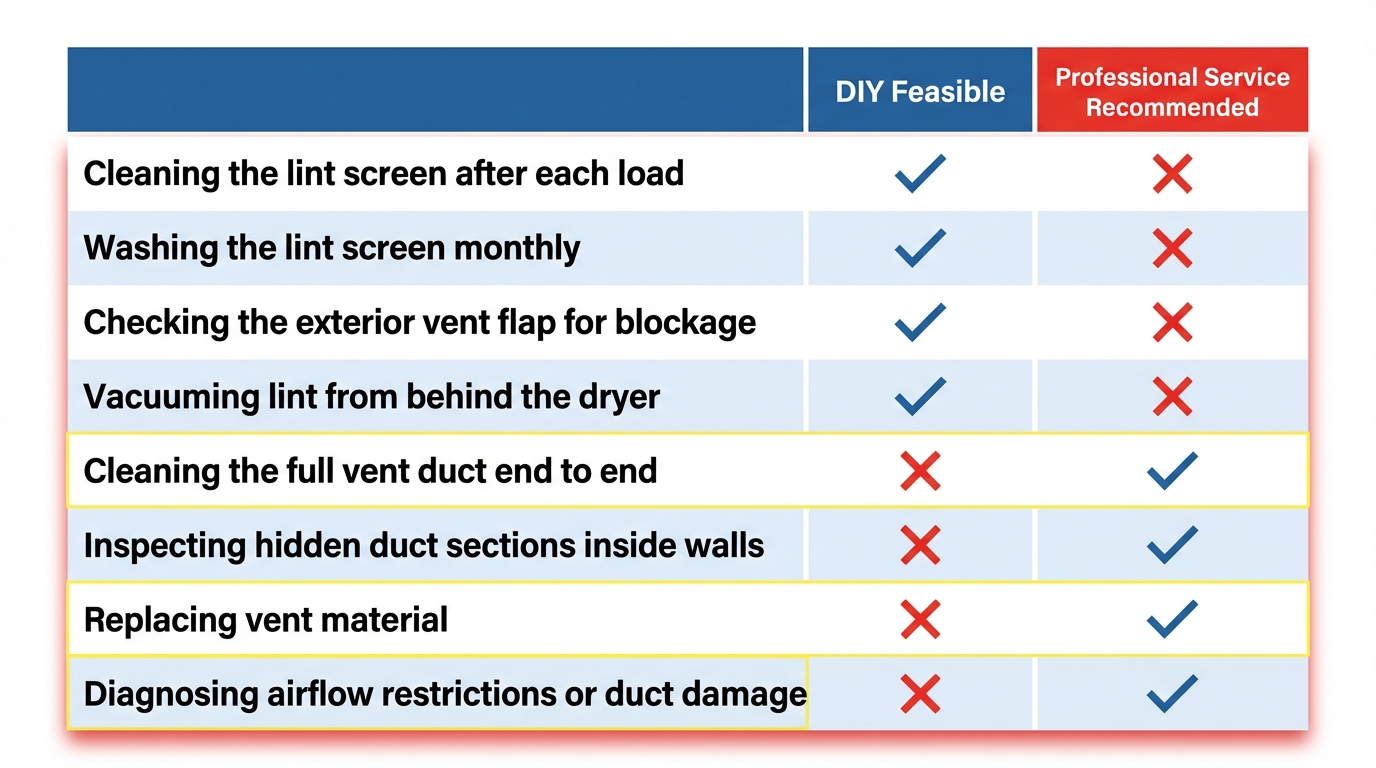 Professional technician performing dryer vent cleaning compared to DIY maintenance tools