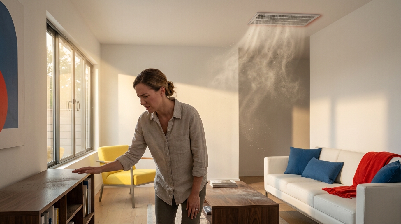 Austin homeowner noticing dust buildup and stuffy rooms caused by poor indoor air quality