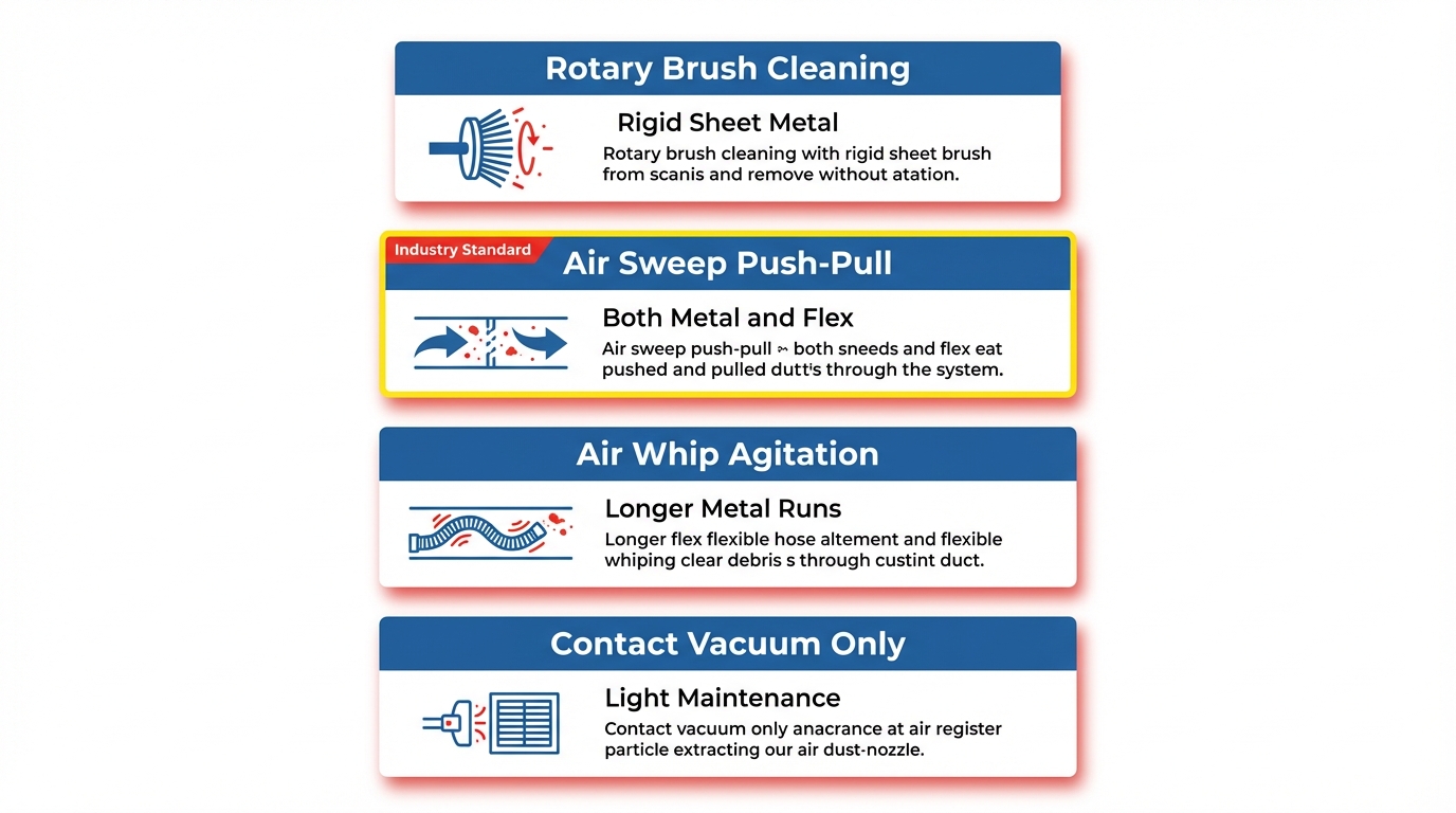 Side by side comparison of different air duct cleaning methods used in Austin homes including rotary brush and air sweep techniques