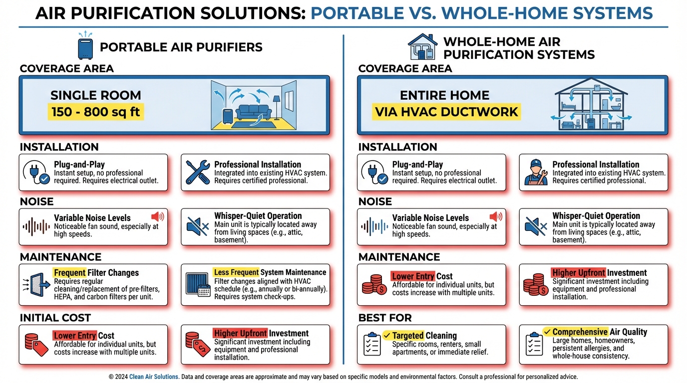 Homeowner comparing portable air purifier and whole home air purification system in an Austin living room