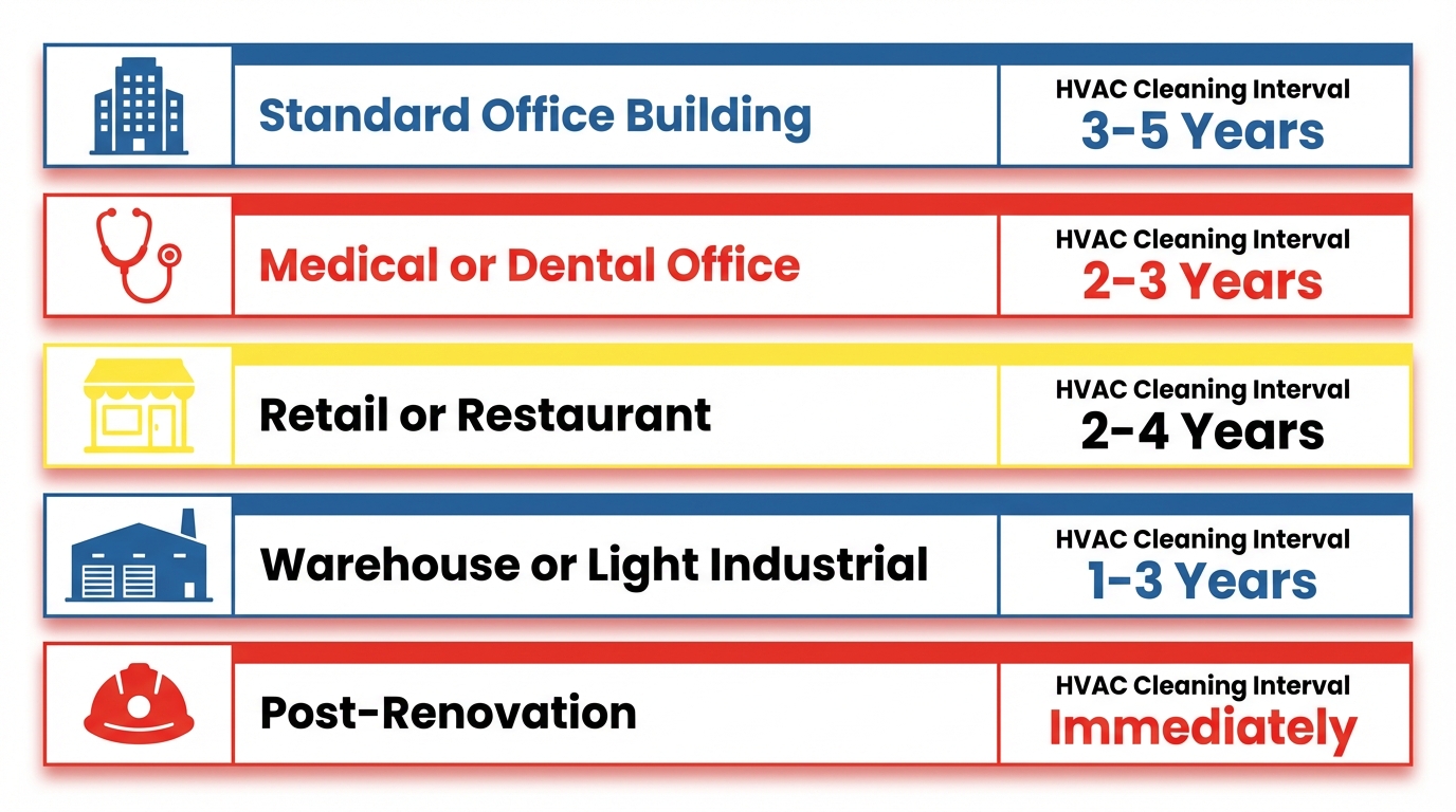 Guide showing recommended HVAC cleaning intervals for different commercial building types in Austin Texas