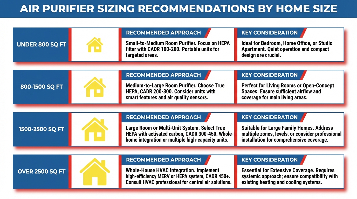 Air purification system sizing guide for Austin homes showing different home sizes and recommended solutions