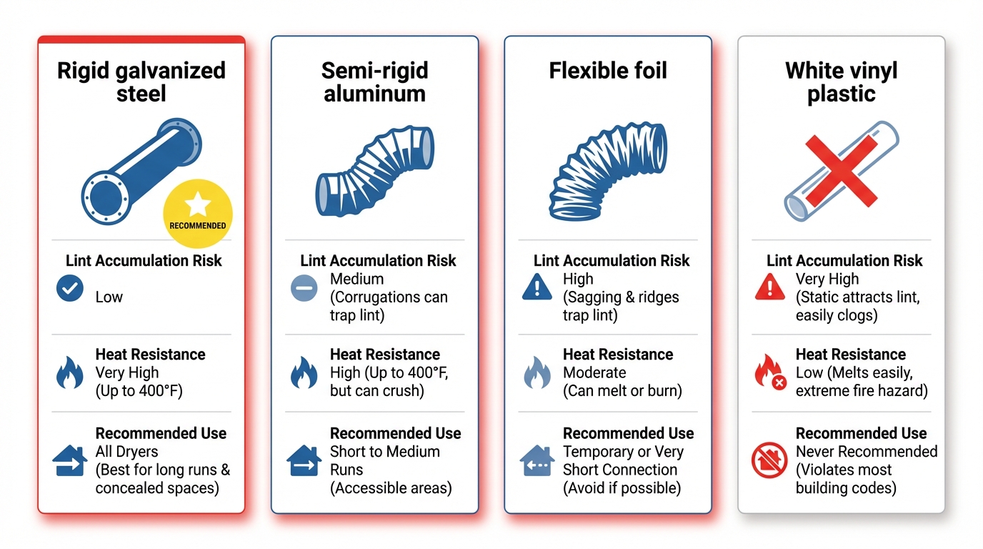 Comparison of dryer vent materials showing rigid metal ducting versus flexible vinyl hose