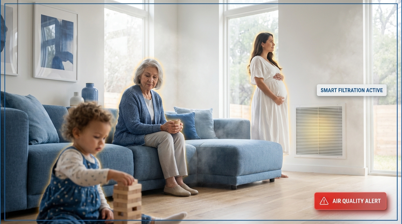 Family members at greatest risk from unhealthy indoor air including children, elderly, and those with respiratory conditions